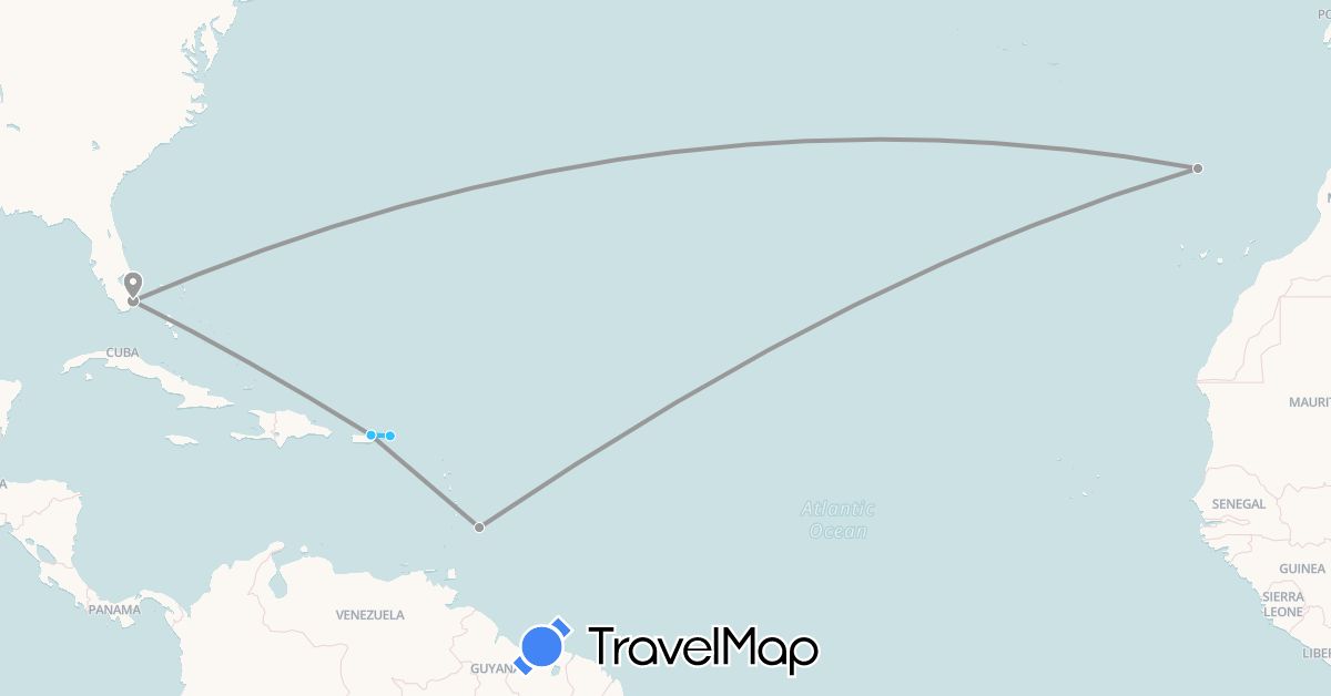 TravelMap itinerary: driving, plane, boat in Barbados, Portugal, United States (Europe, North America)